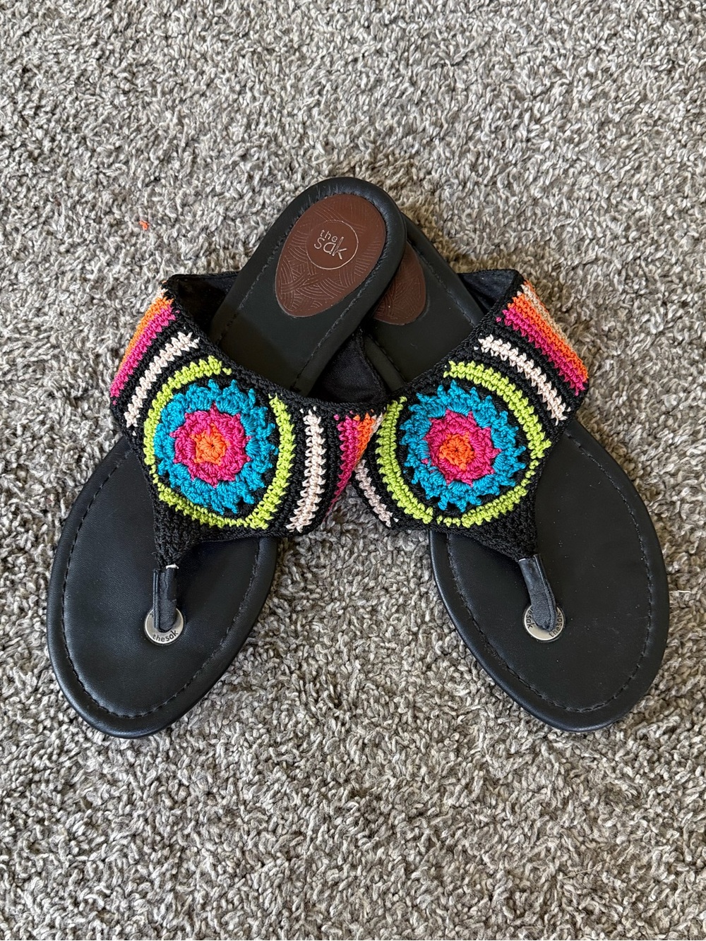 The Sak Shana Black Crochet Sandals with Multicolor Medallions
